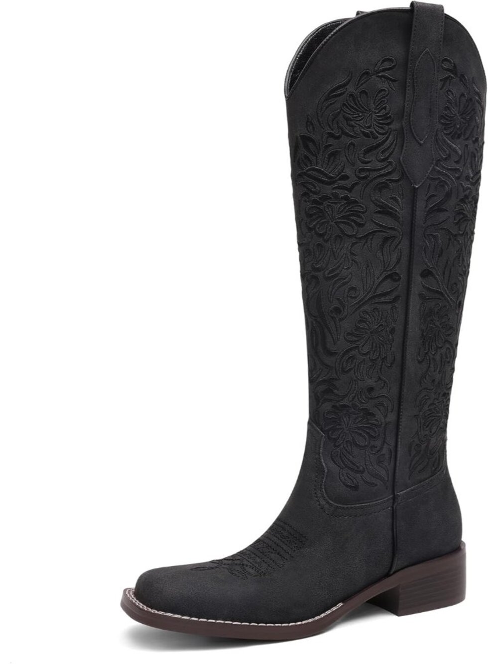 Women's Black Embroidered Boots Knee High Cowgirl Riding Boots Low Block Heel